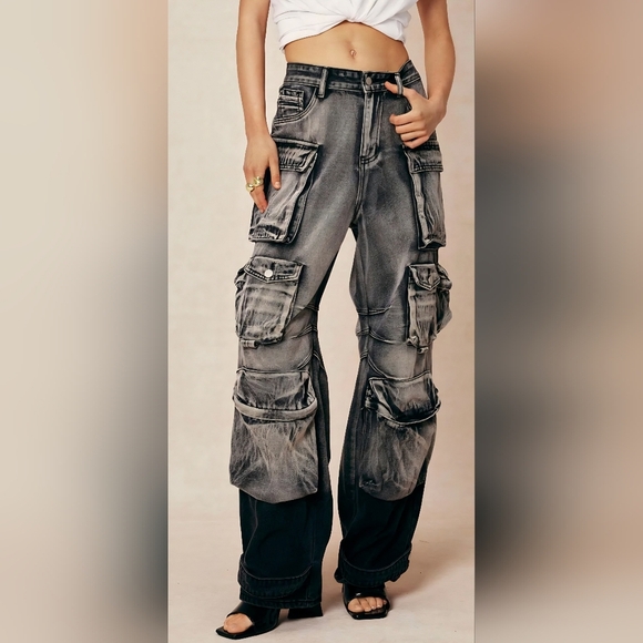 Micas Denim - Micas Ombre Gray Multi Pocket Wide Leg Utility Cargo Jeans NWT Size Large